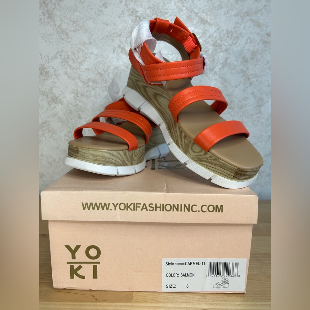 YOKI Carmel-11 Salmon Platform Wedge Sandals Strappy Ankle Strap Size 8